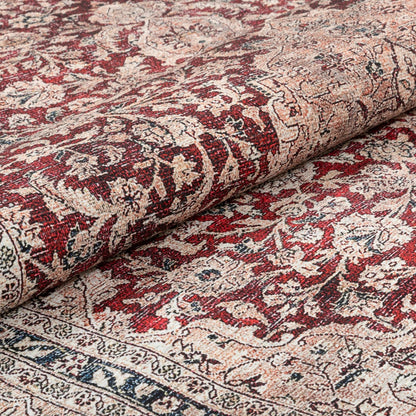 Tonti Machine Washable Vintage Medallion Oriental Red Flat-Weave Distressed Rug Well Woven