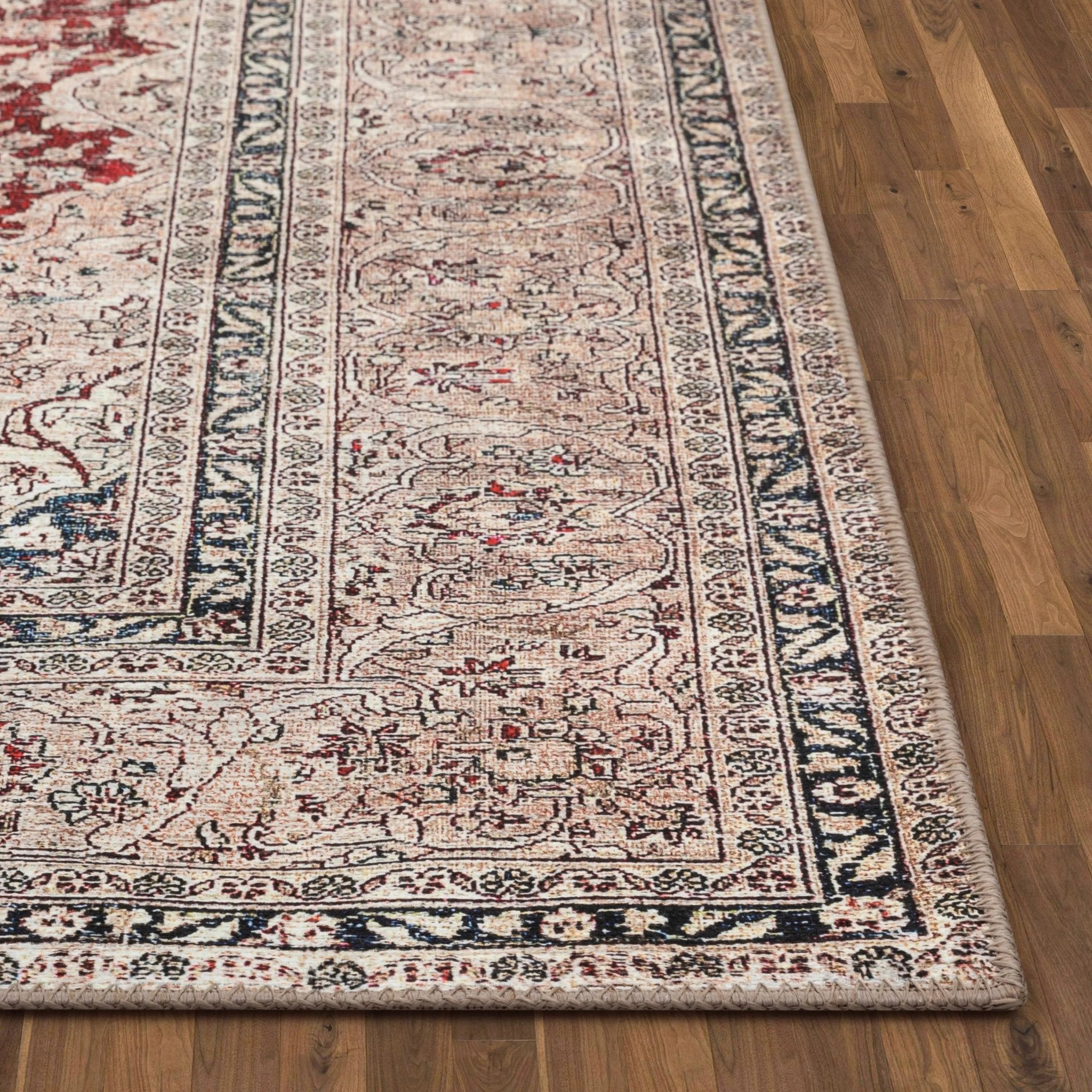 Tonti Machine Washable Vintage Medallion Oriental Red Flat-Weave Distressed Rug Well Woven