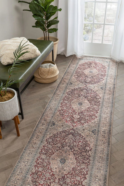 Tonti Machine Washable Vintage Medallion Oriental Red Flat-Weave Distressed Rug Well Woven