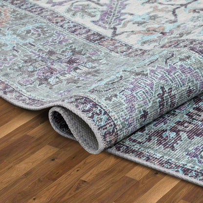 Macon Machine Washable Vintage  Medallion Botanical Border Beige Flat-Weave Distressed 5'3" x 7'3" Rug Well Woven