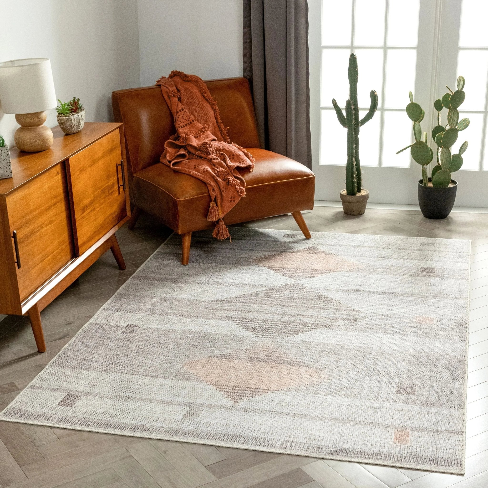 Argonne Machine Washable Vintage Southwestern Diamond Pattern Grey Flat-Weave Distressed Rug Well Woven