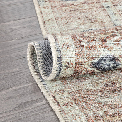 Binita Machine Washable Vintage Medallion Oriental Ivory Rust Flat-Weave Rug Well Woven
