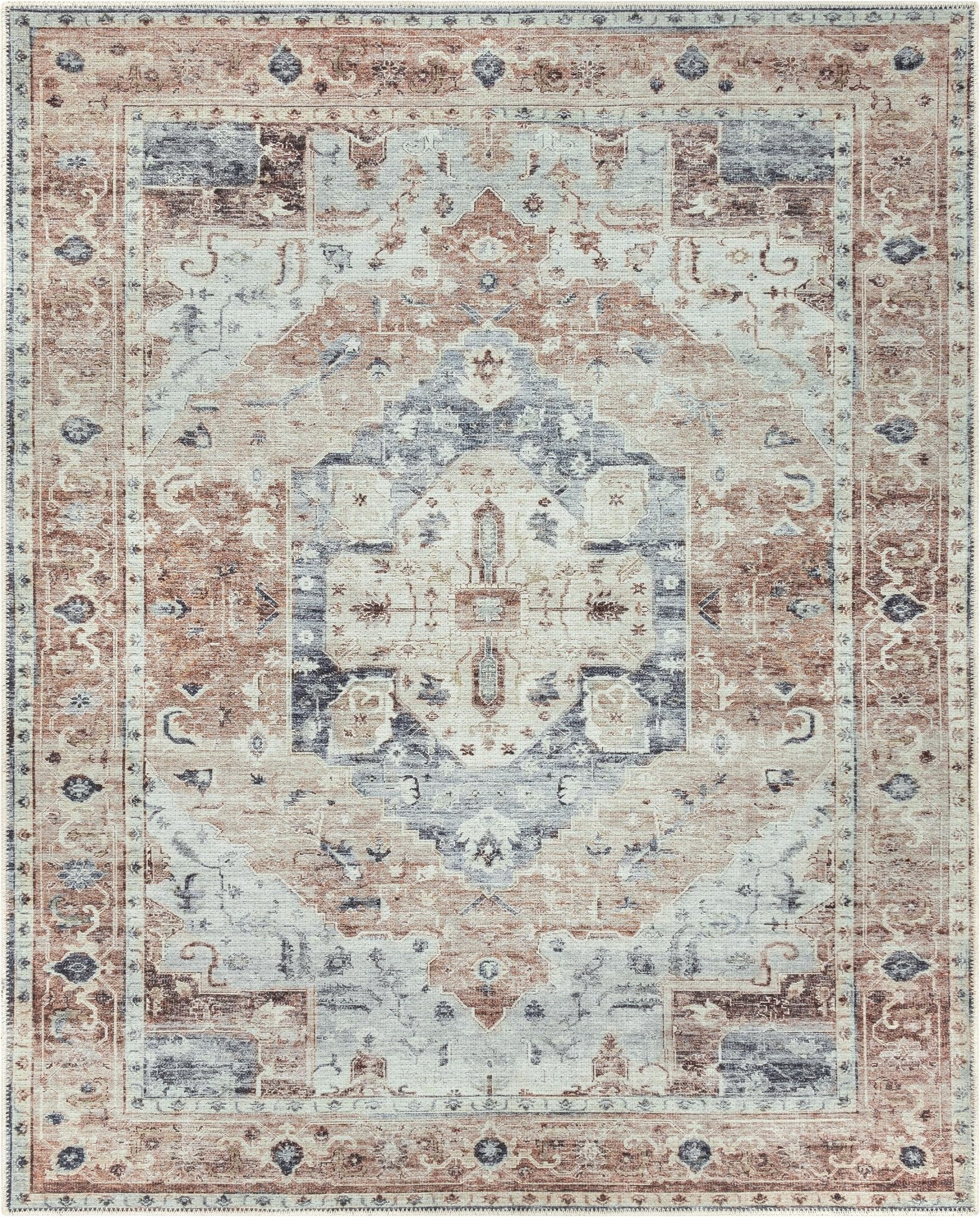 Binita Machine Washable Vintage Medallion Oriental Ivory Rust Flat-Weave Rug Well Woven