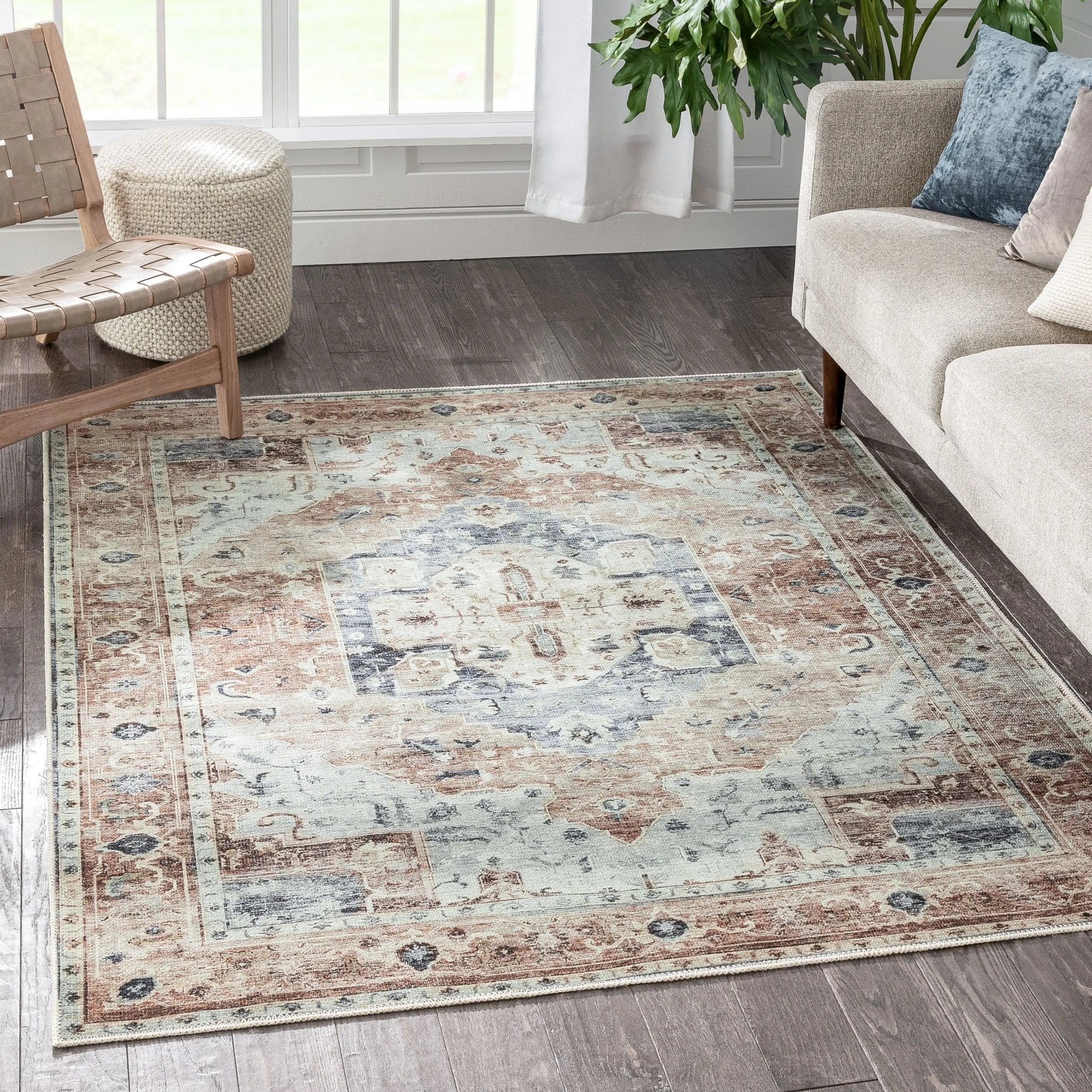 Binita Machine Washable Vintage Medallion Oriental Ivory Rust Flat-Weave Rug Well Woven