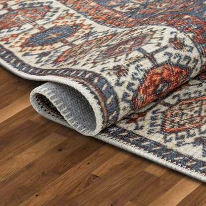 Ripon Machine Washable Vintage Medallion Botanical Border Blue Red Flat-Weave Distressed Rug Well Woven