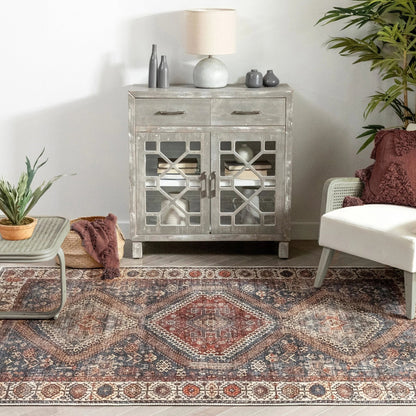 Ripon Machine Washable Vintage Medallion Botanical Border Blue Red Flat-Weave Distressed Rug Well Woven