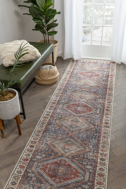 Ripon Machine Washable Vintage Medallion Botanical Border Blue Red Flat-Weave Distressed Rug Well Woven