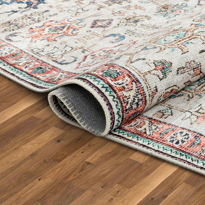 Pomona Machine Washable Vintage Medallion Botanical Border Ivory Flat-Weave Distressed Rug Well Woven