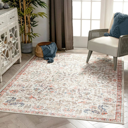 Pomona Machine Washable Vintage Medallion Botanical Border Ivory Flat-Weave Distressed Rug Well Woven