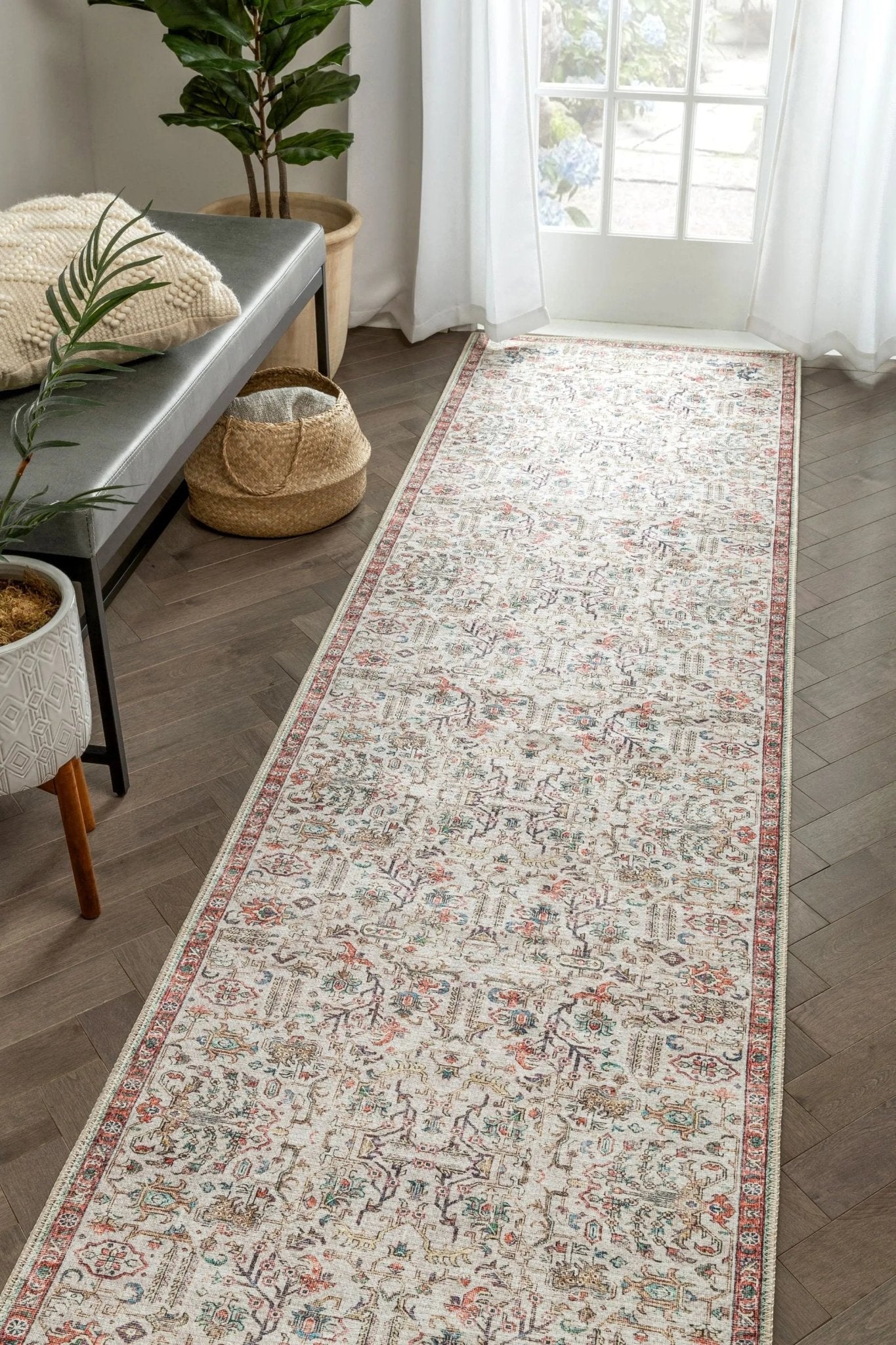 Pomona Machine Washable Vintage Medallion Botanical Border Ivory Flat-Weave Distressed Rug Well Woven