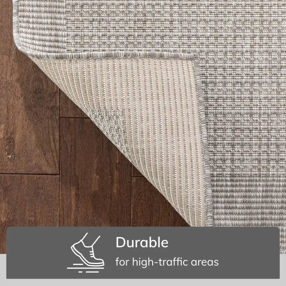 Odin Solid & Striped Border Indoor Outdoor Grey Ivory Flatweave Rug Well Woven