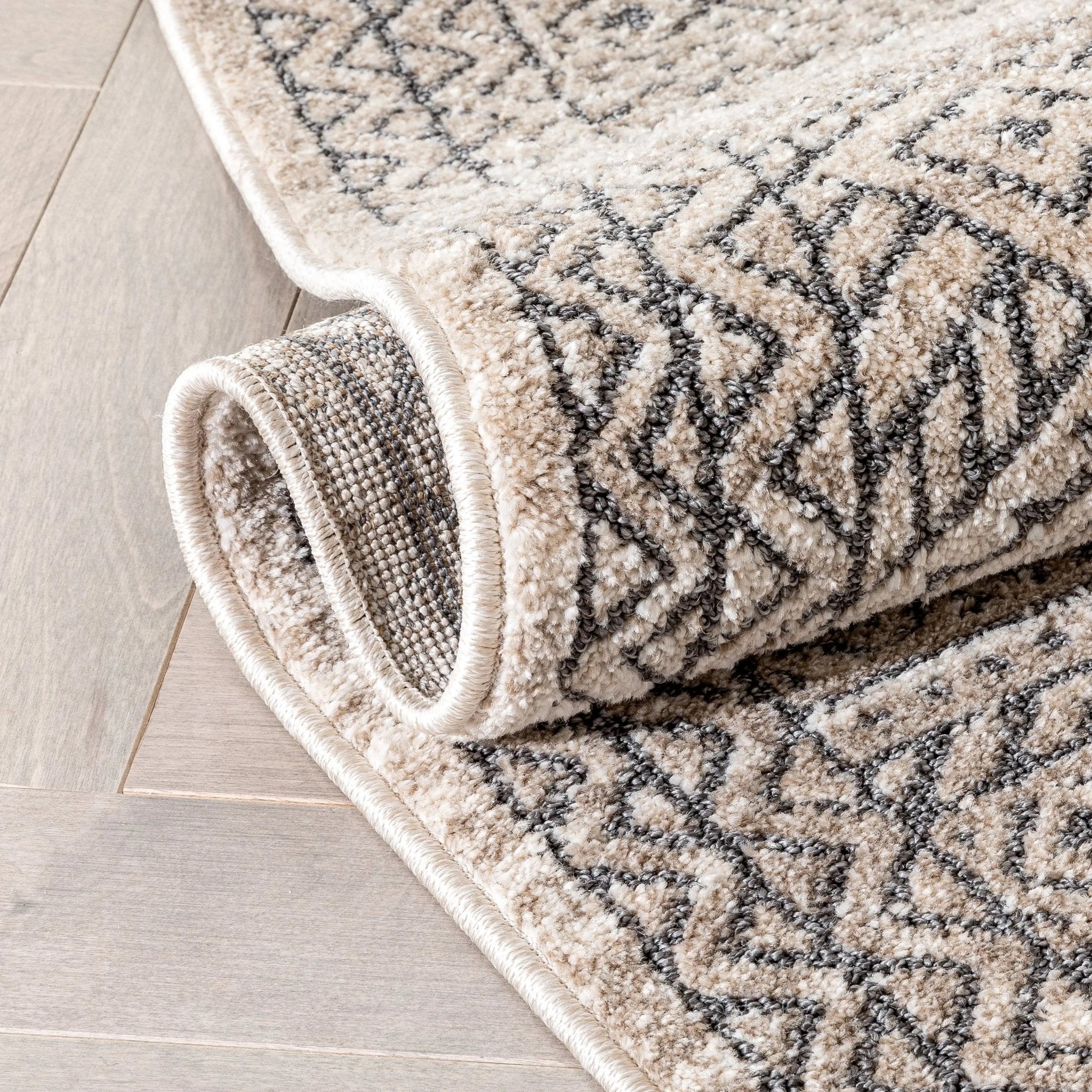 Lyre Tribal Mosaic Tile-Work Beige & Grey Distressed High-Low Rug Well Woven