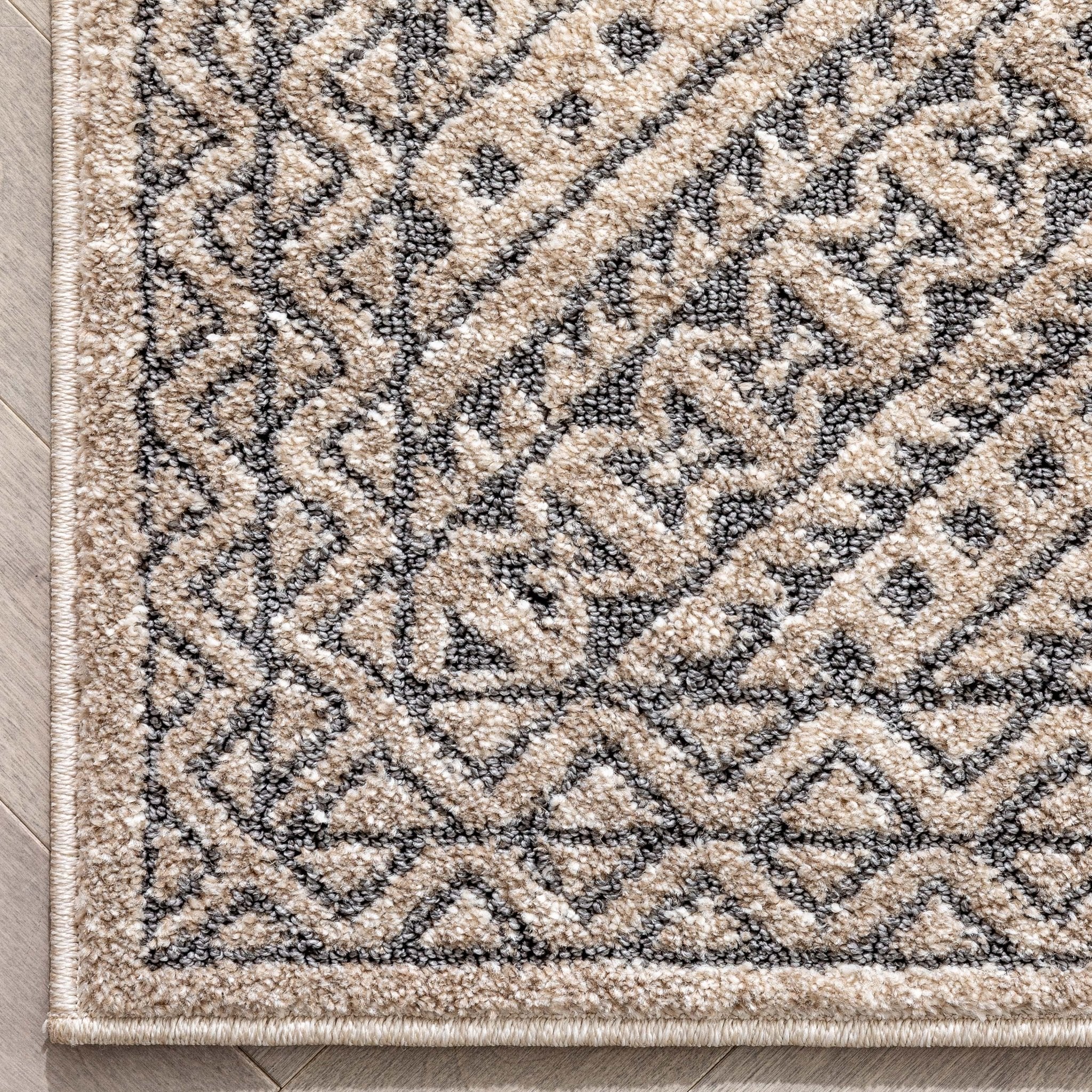 Lyre Tribal Mosaic Tile-Work Beige & Grey Distressed High-Low Rug Well Woven