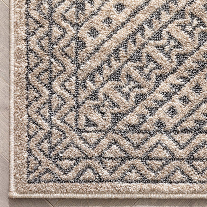 Lyre Tribal Mosaic Tile-Work Beige & Grey Distressed High-Low Rug Well Woven