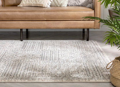 Lyre Tribal Mosaic Tile-Work Beige & Grey Distressed High-Low Rug Well Woven