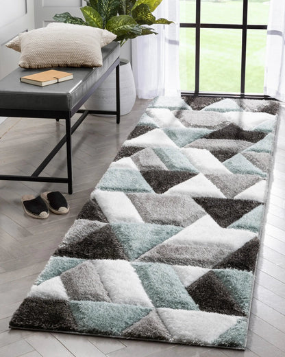 Holland Modern Geometric Light Blue 3D Textured Thick & Soft Shag Rug Well Woven