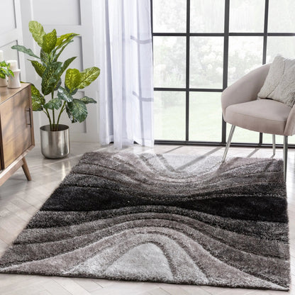 Luz Modern Geometric Black 3D Textured Thick & Soft Shag Rug Well Woven