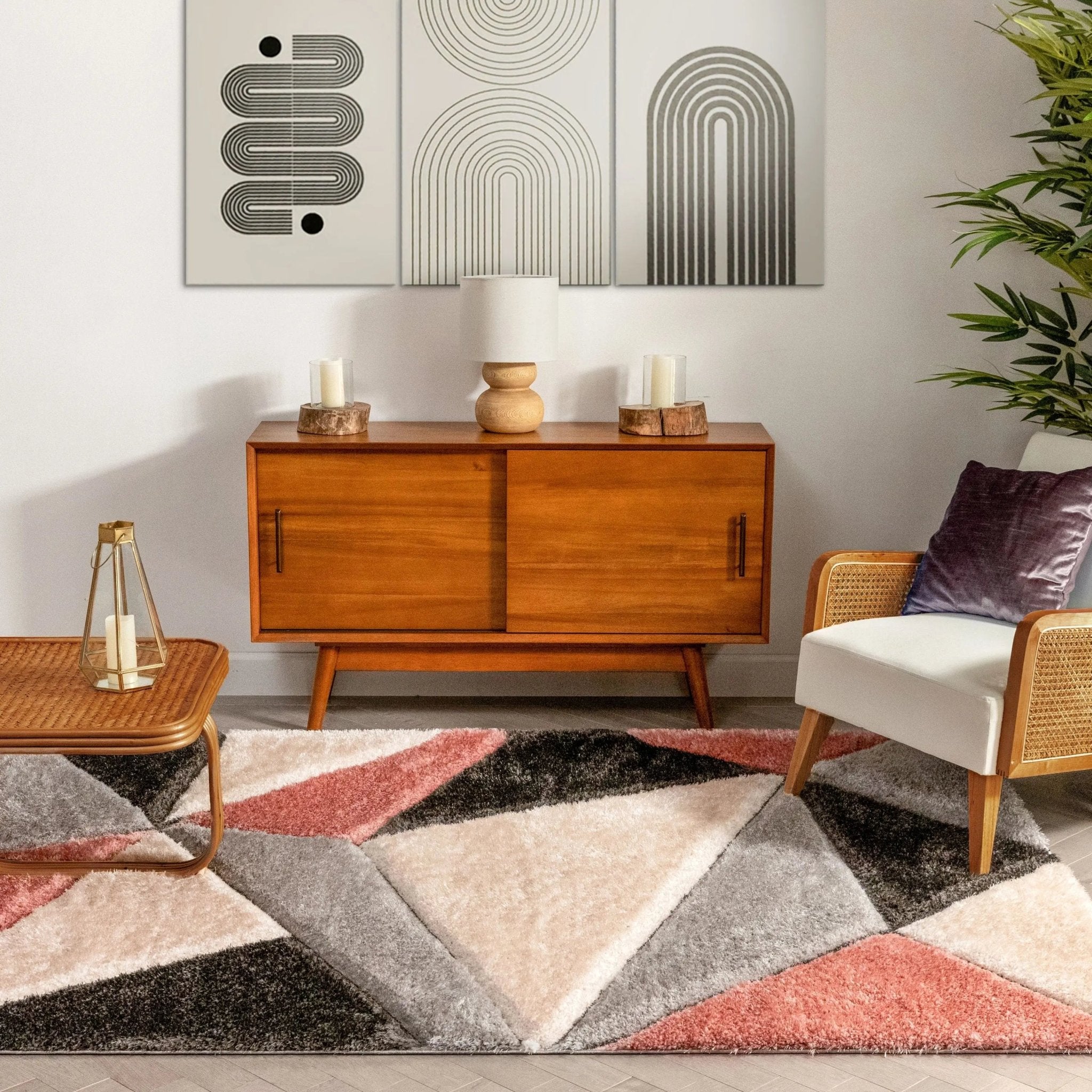 Venice Blush Modern Geometric 3D Textured Shag Rug Well Woven