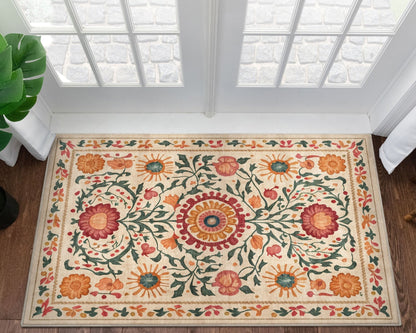 Apollo Botanical Suzani Beige Washable Rug placed in a bright entryway with large, white french doors, a wood floor, and plants.
