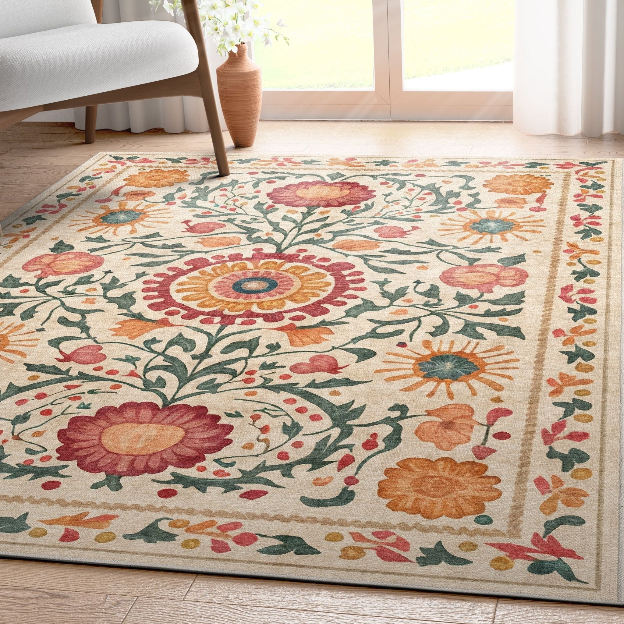 Apollo Botanical Suzani Beige Washable Rug styled in a bright living room with soft natural light and minimal furniture.