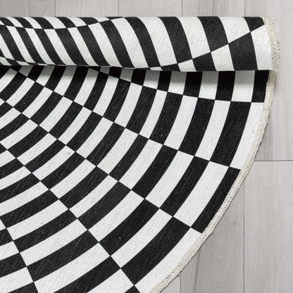Vortex 3D Bottomless Hole Black Ivory Area Flat-Weave Rug Well Woven
