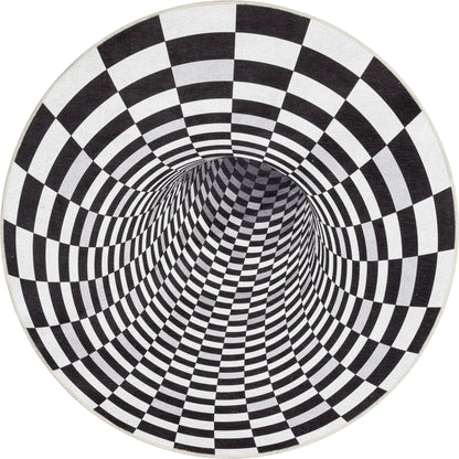 Vortex 3D Bottomless Hole Black Ivory Area Flat-Weave Rug Well Woven