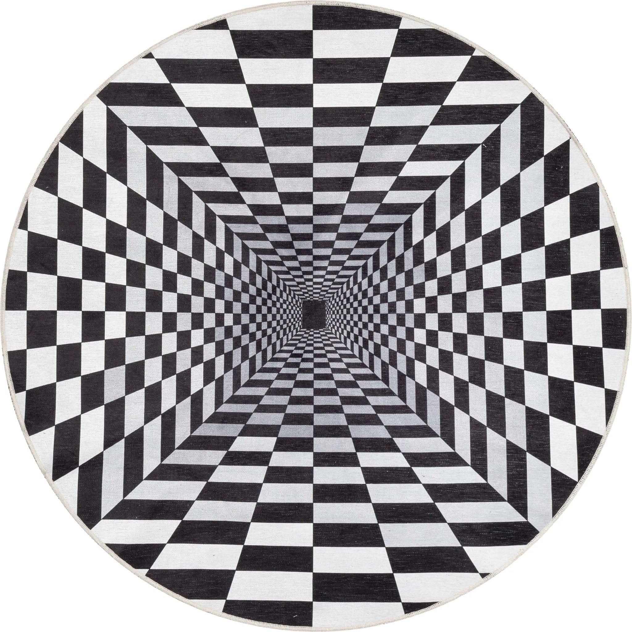 Optical Illusion 3D Bottomless Hole Black Ivory Area Flat-Weave Rug Well Woven