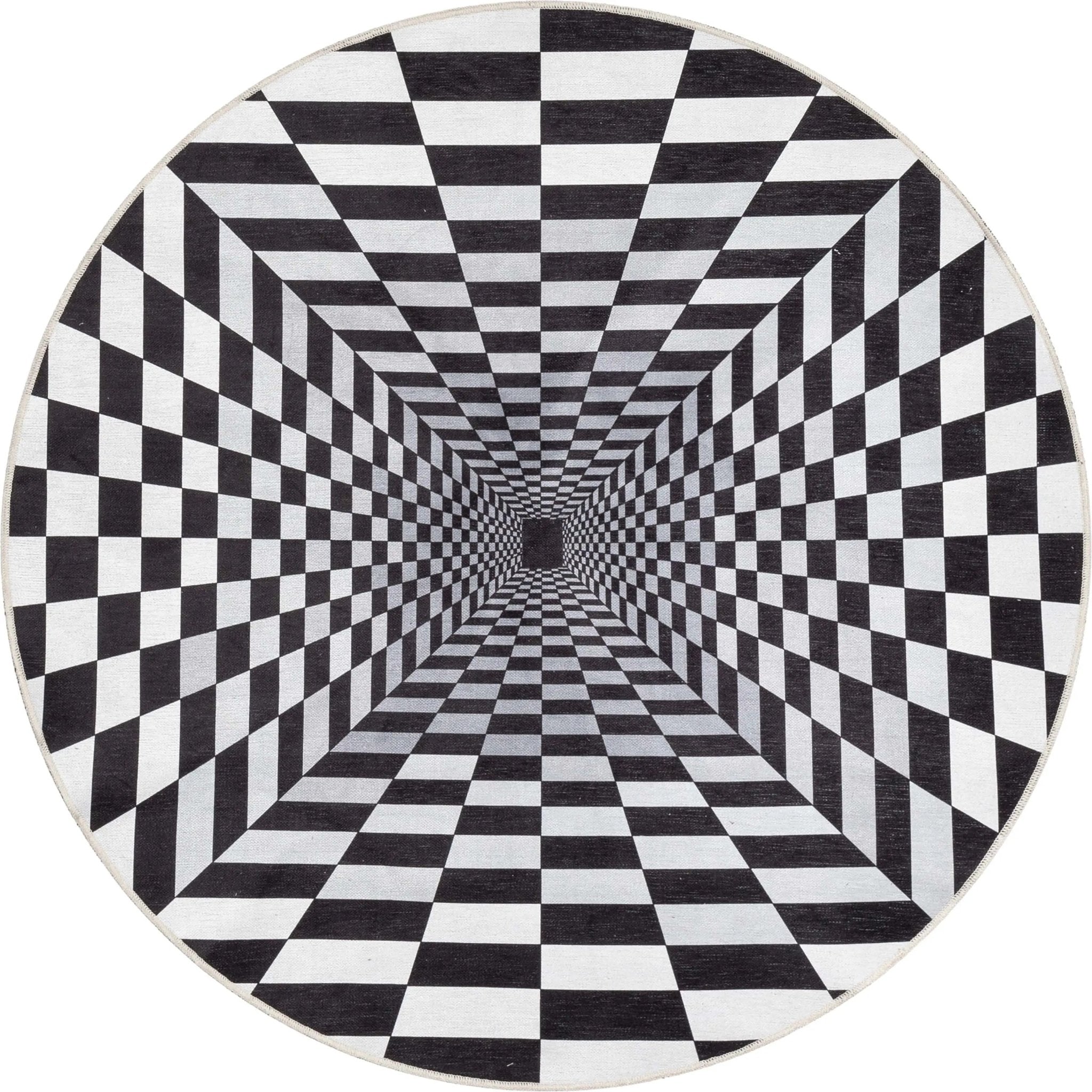 Optical Illusion 3D Bottomless Hole Black Ivory Area Flat-Weave Rug Well Woven