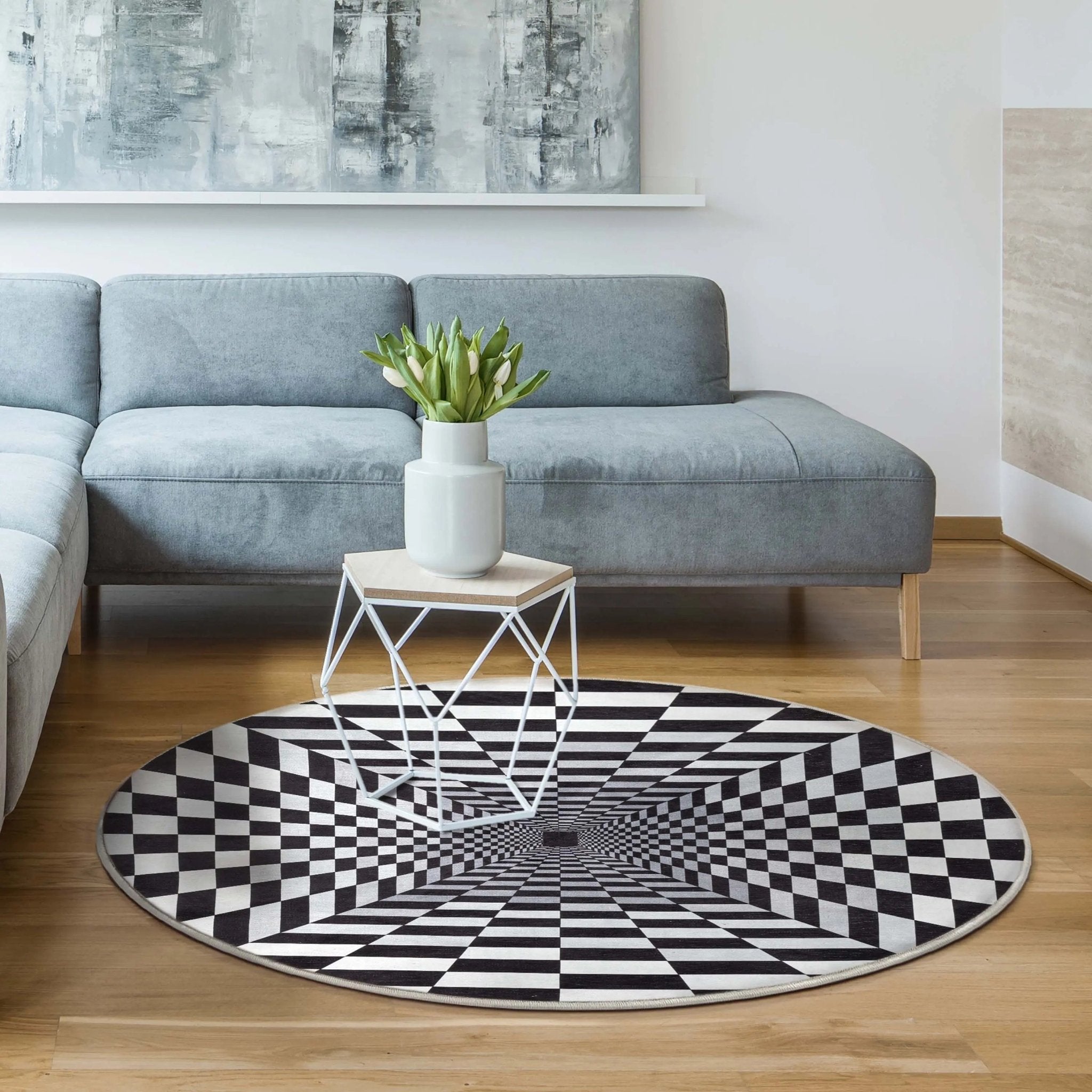 Optical Illusion 3D Bottomless Hole Black Ivory Area Flat-Weave Rug Well Woven