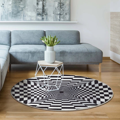 Optical Illusion 3D Bottomless Hole Black Ivory Area Flat-Weave Rug Well Woven