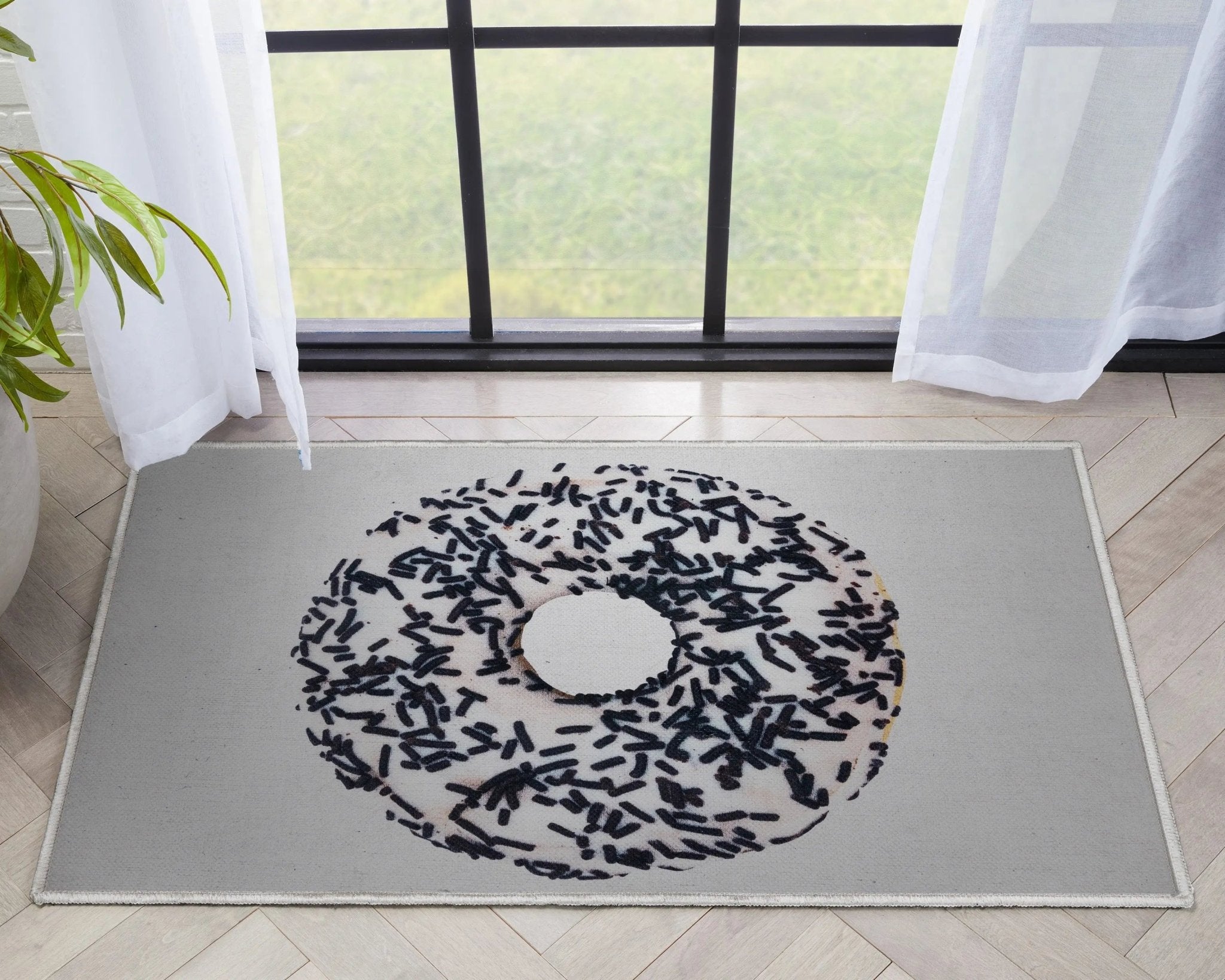 White Sprinkles Donut Novelty Ivory Black Flat-Weave Rug Well Woven