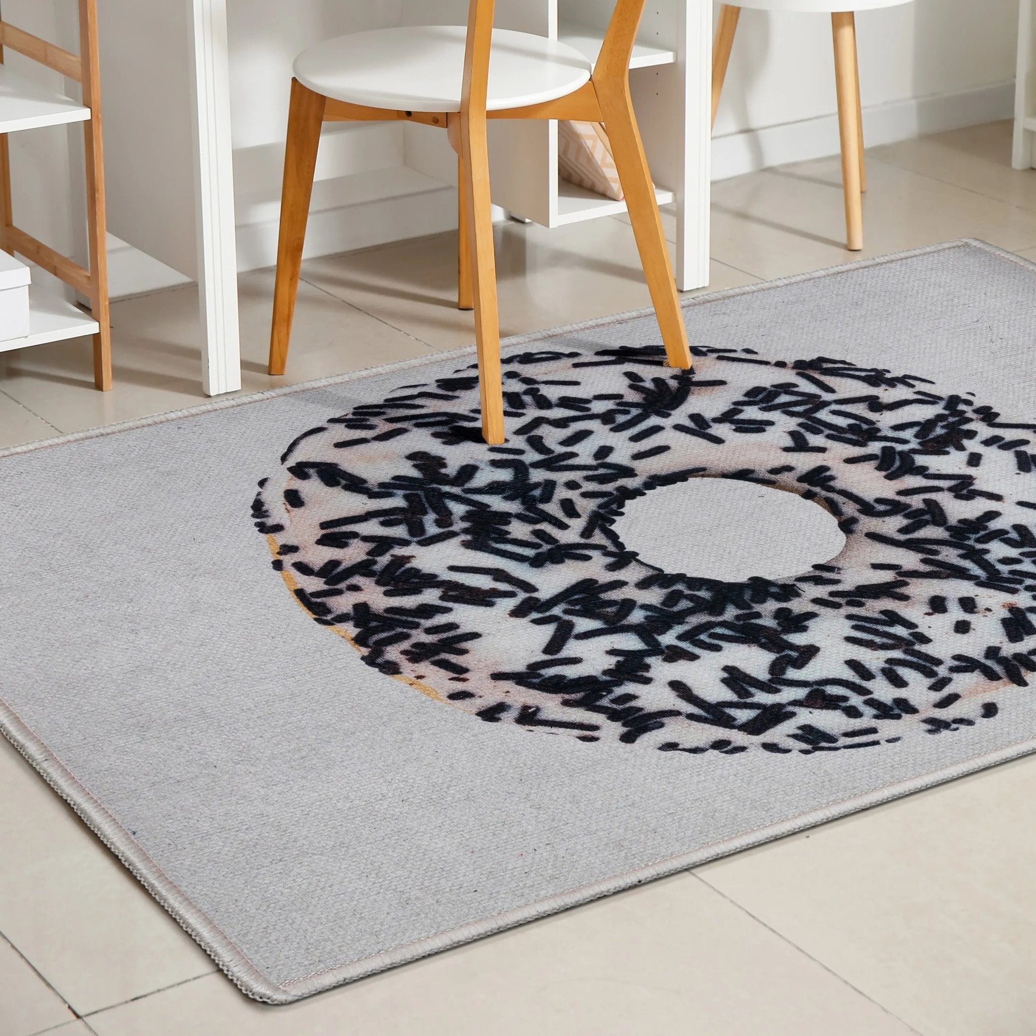 White Sprinkles Donut Novelty Ivory Black Flat-Weave Rug Well Woven
