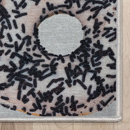 Multi White Sprinkles Donut Novelty Ivory Black Flat-Weave Rug Well Woven