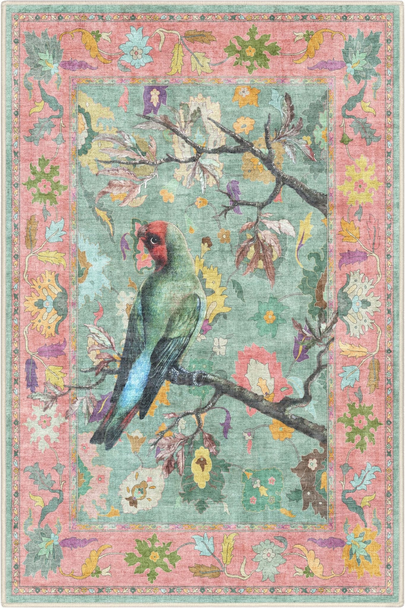 Full product view of the 3x5 Apollo Botanical Birds Ushak Washable Rug showing the central bird motif and colorful Ushak border