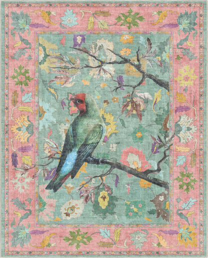 Close-up top view of the Apollo Botanical Birds Ushak Rug featuring a colorful bird and floral botanical border.