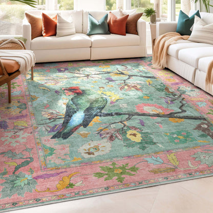 Apollo Botanical Birds Ushak Rug displayed in a bright living room with cream sofas and an accent chair