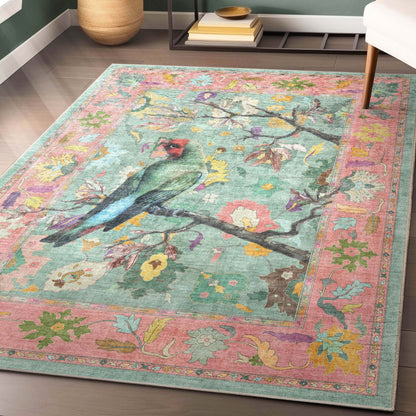 Apollo Botanical Birds Ushak Washable Rug styled in a modern living room with soft natural light and neutral furniture.