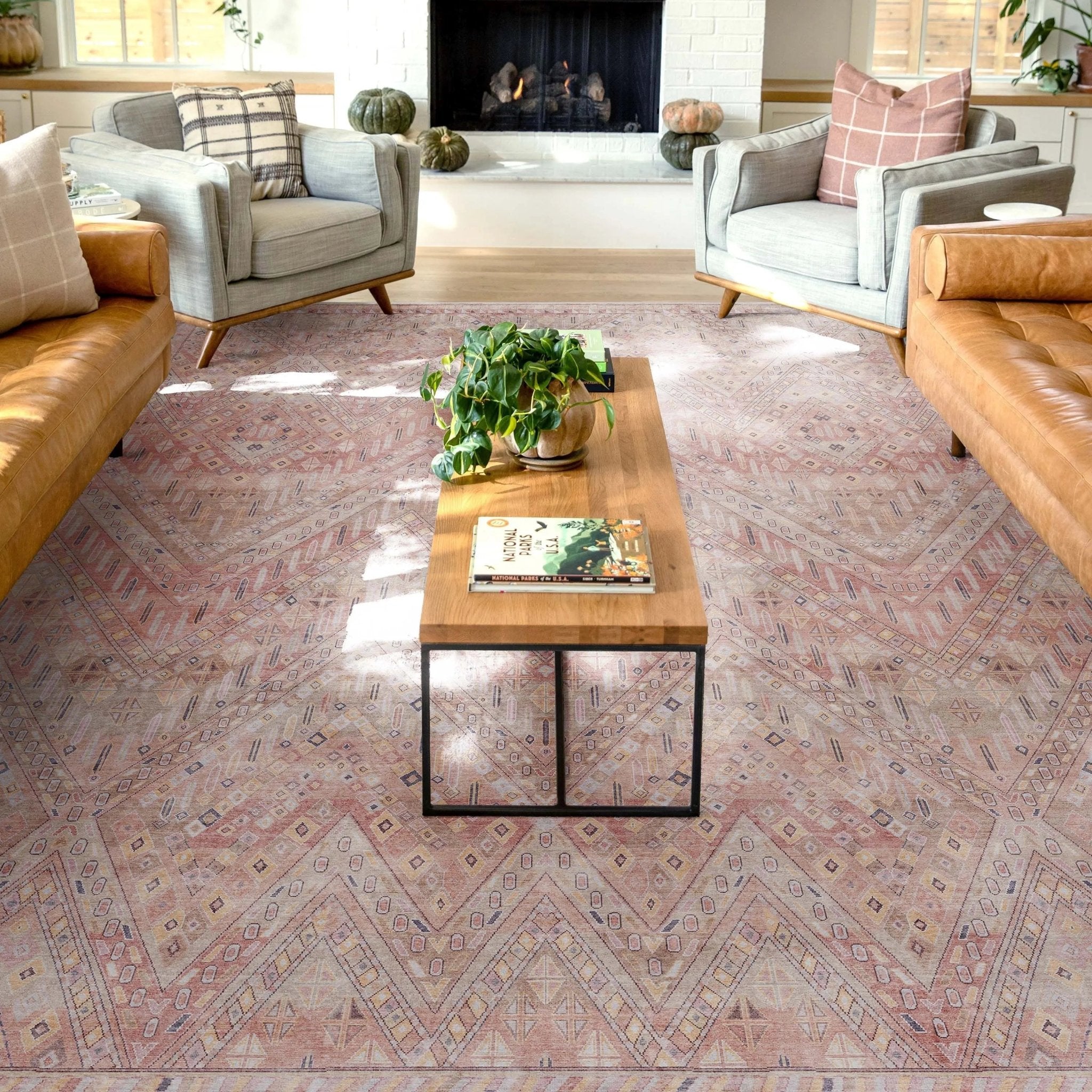 Anya Vintage Tribal Chevron Pink Beige Rust Flat-Weave Rug Well Woven