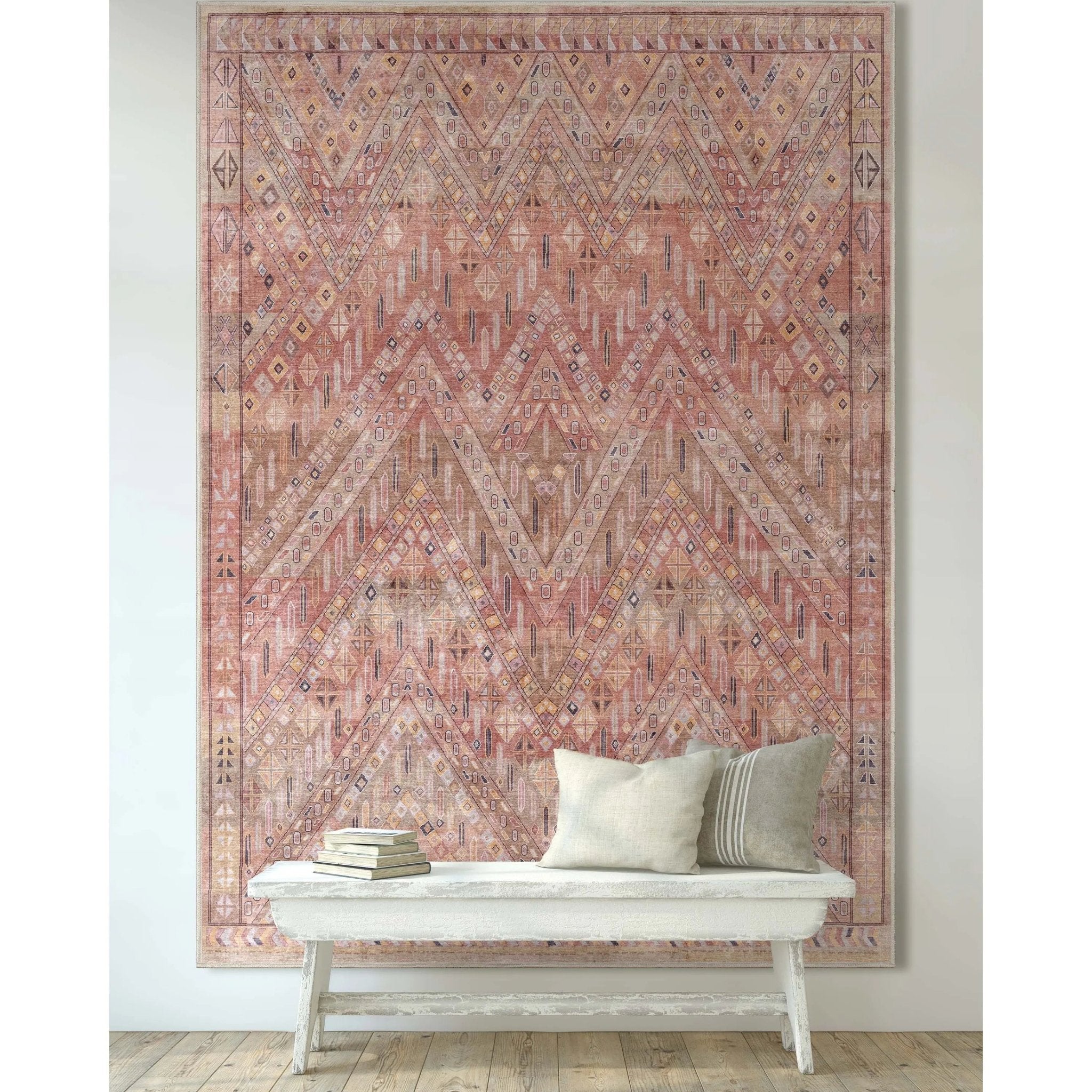Anya Vintage Tribal Chevron Pink Beige Rust Flat-Weave Rug Well Woven