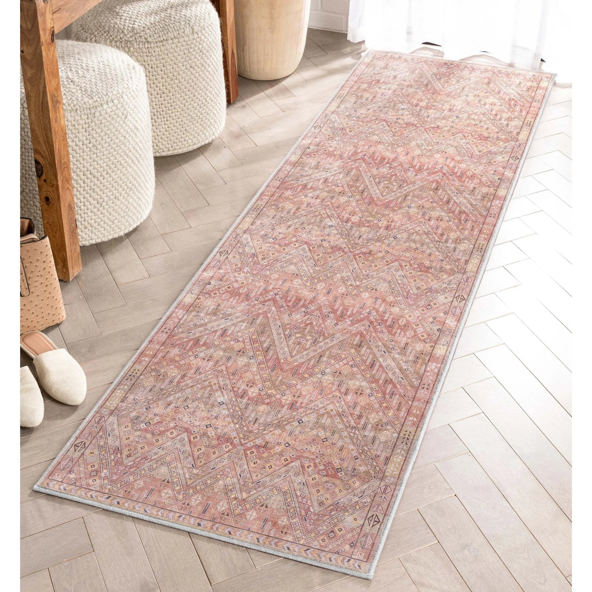 Anya Vintage Tribal Chevron Pink Beige Rust Flat-Weave Rug Well Woven
