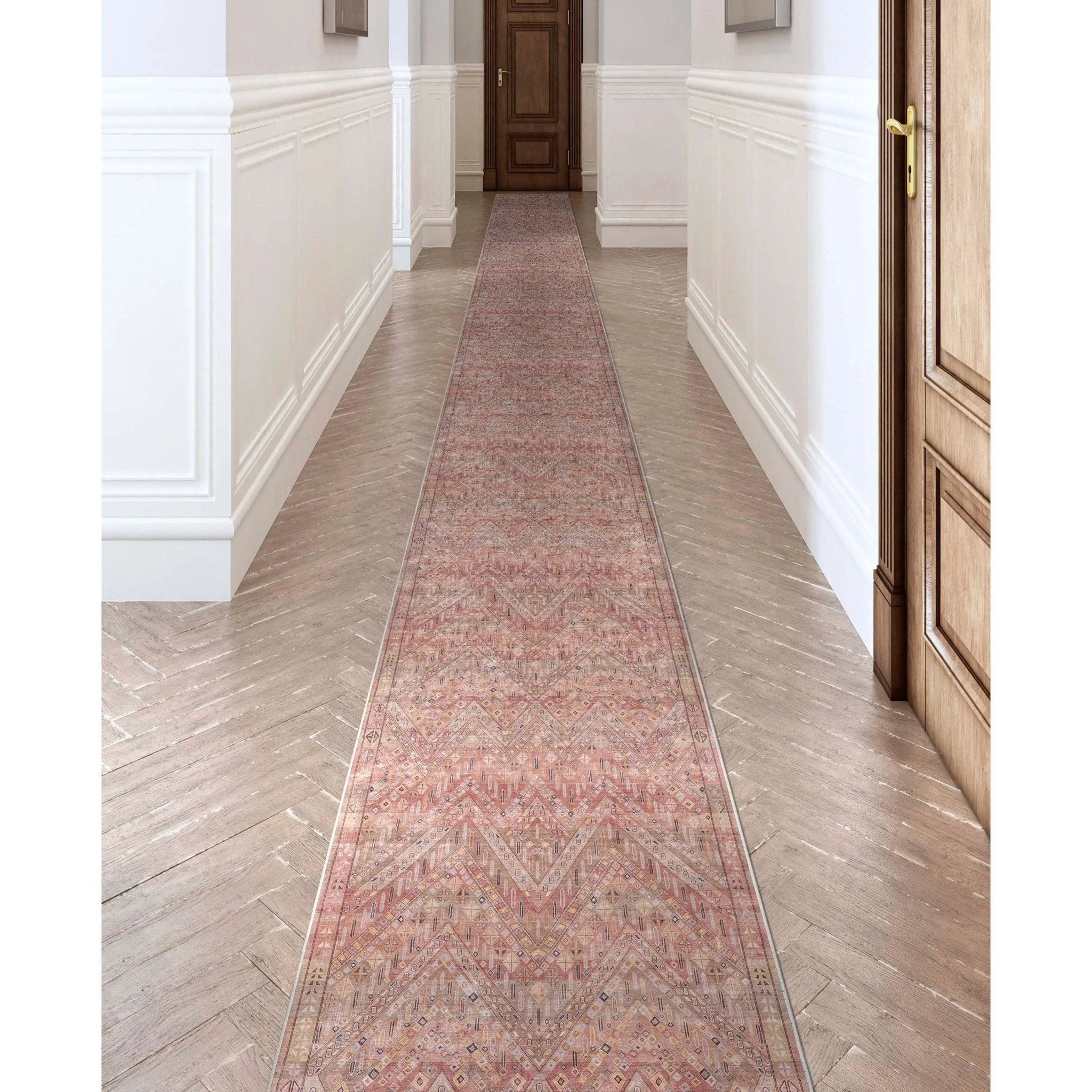 Anya Vintage Tribal Chevron Pink Beige Rust Flat-Weave Rug Well Woven