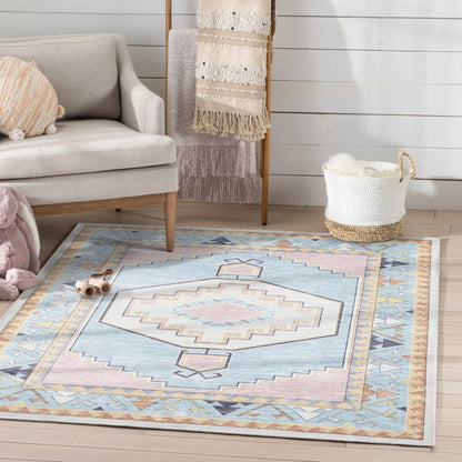 Ethnic Soft Medallion Modern Pink Kids Flat-Weave Rug Well Woven