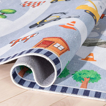 Construction Modern Grey Multi Kids Flat-Weave Rug Well Woven