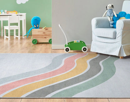 Curved Rainbow Modern Multi Color Area Flat-Weave Rug Well Woven