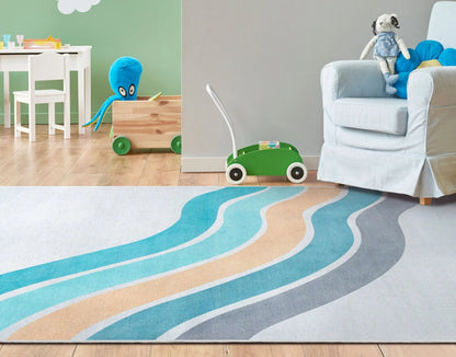 Curved Rainbow Modern Multi Color Blue Area Flat-Weave Rug Well Woven