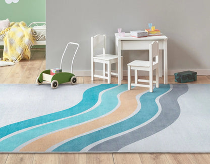Curved Rainbow Modern Multi Color Blue Area Flat-Weave Rug Well Woven