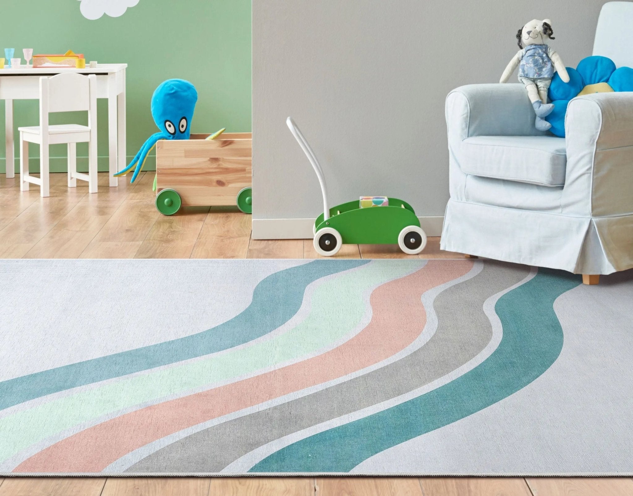 Curved Rainbow Modern Multi Color Green Area Flat-Weave Rug Well Woven