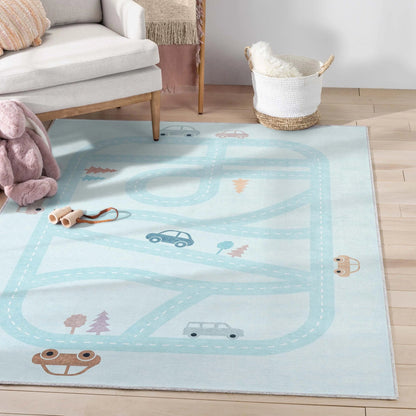 Playful Roads Modern Blue Area Flat-Weave Rug Well Woven
