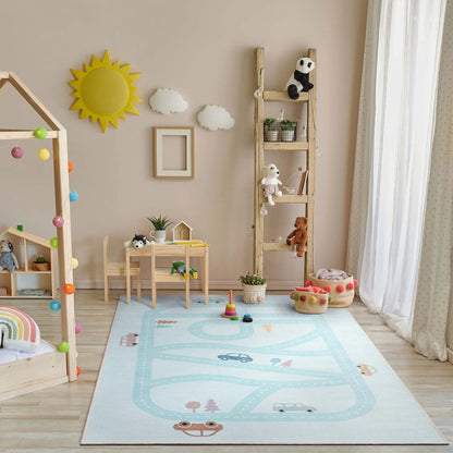 Playful Roads Modern Blue Area Flat-Weave Rug Well Woven