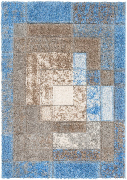 Kenzo Retro Geometric Pattern 3D Textured Shag Grey Light Blue Rug Well Woven